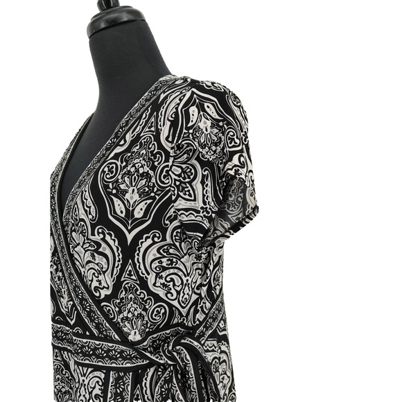 Apt 9 Black White Geometric Faux Wrap Dress Size Large Stretch Side Tie Attached - Picture 5 of 11